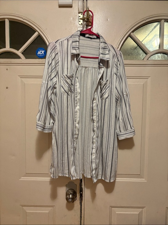 Eden & Olivia Tops - Striped Open Front Shirt Jacket - White with Navy Stripes